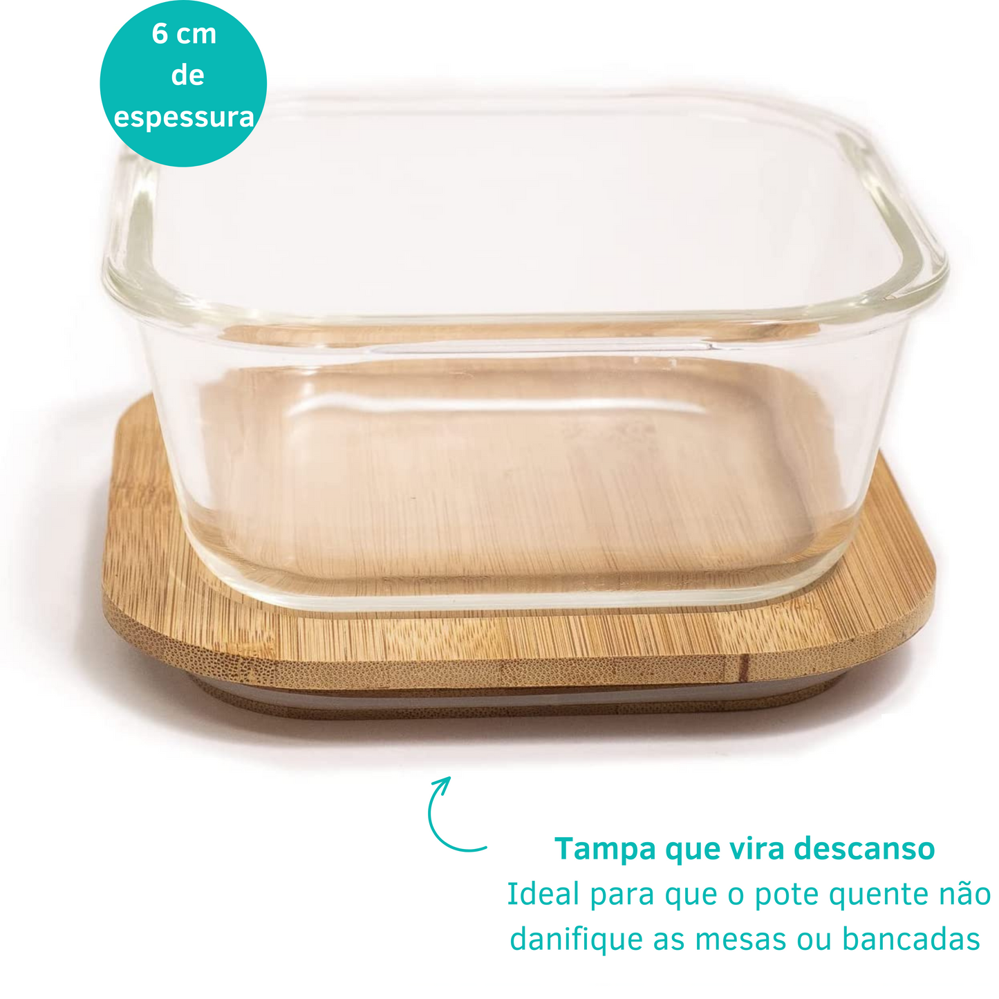 Pote Vidro Quadrado Marmita Tampa Hermética Bambu 800 Ml