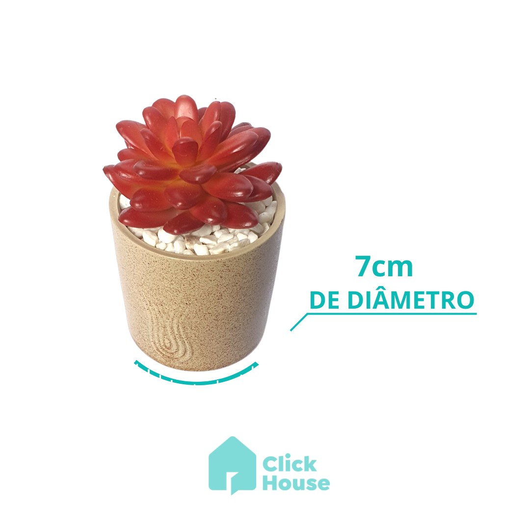 Suculenta Artificial Com Vaso Cachepot Cerâmica Bege - 14cm