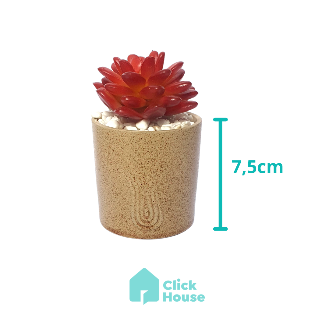 Suculenta Artificial Com Vaso Cachepot Cerâmica Bege - 14cm