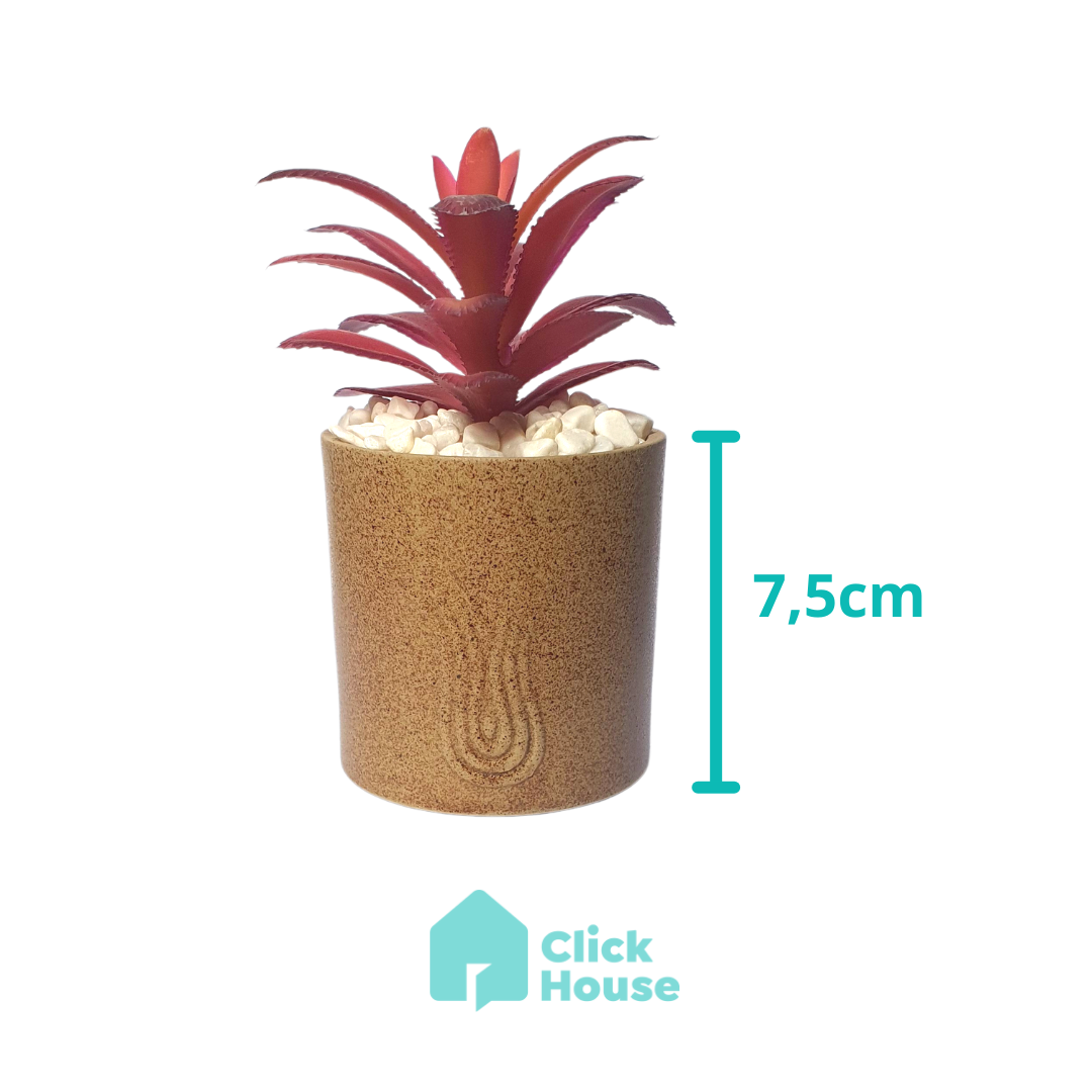 Suculenta Artificial Com Vaso Cachepot Cerâmica Bege - 14cm