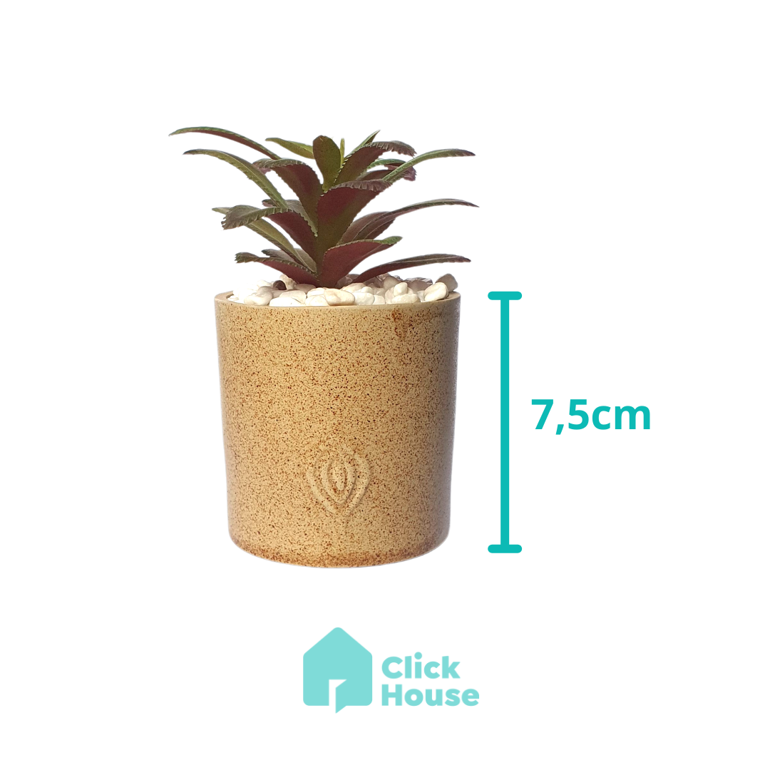 Suculenta Artificial Com Vaso Cachepot Cerâmica Bege - 14cm