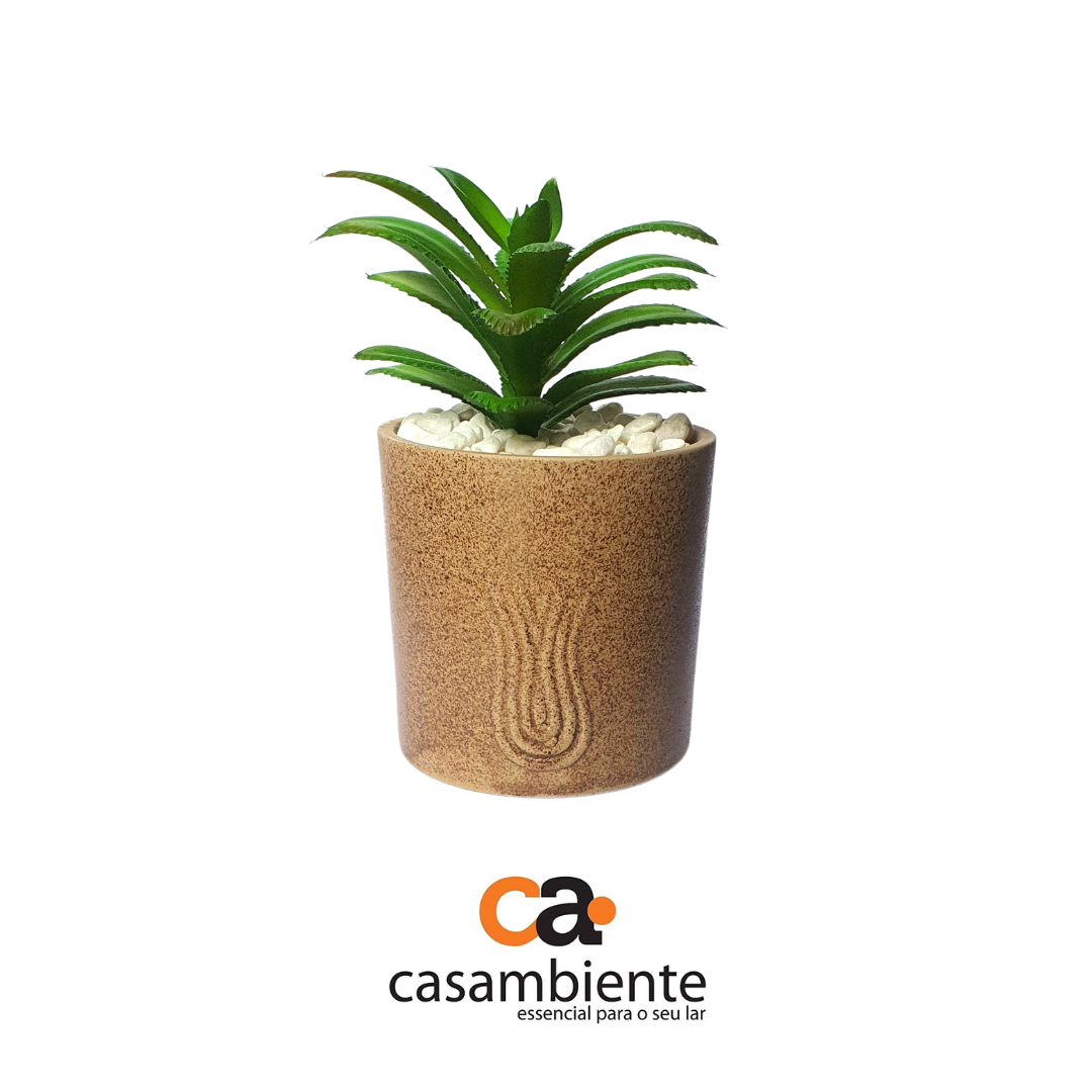 Suculenta Artificial Com Vaso Cachepot Cerâmica Bege - 14cm