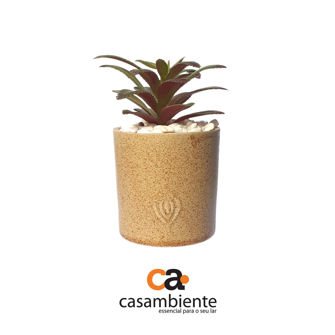 Suculenta Artificial Com Vaso Cachepot Cerâmica Bege - 14cm
