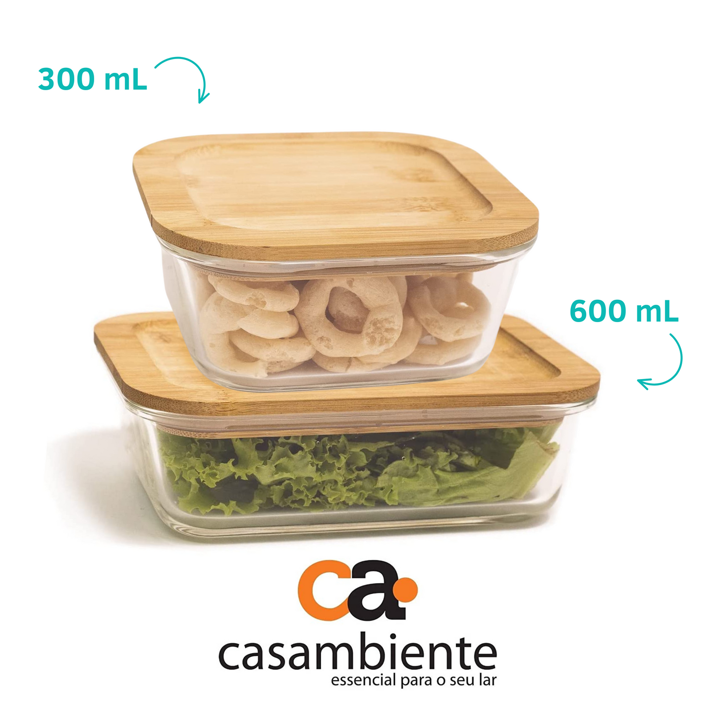 Pote Vidro Quadrado Marmita Tampa Hermética 300ml + 600ml