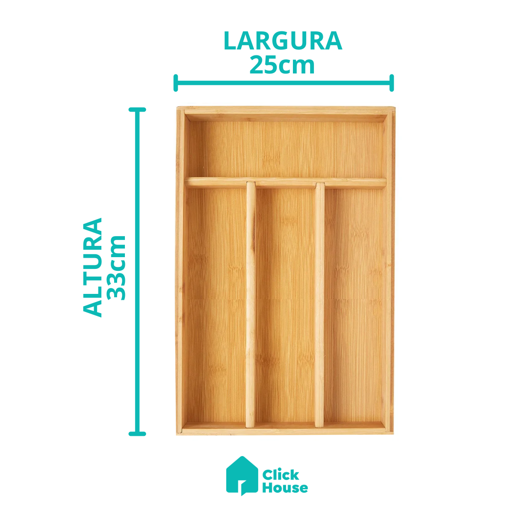 Porta Talher Utensílios Bambú Gaveta Grande 4 Divisórias