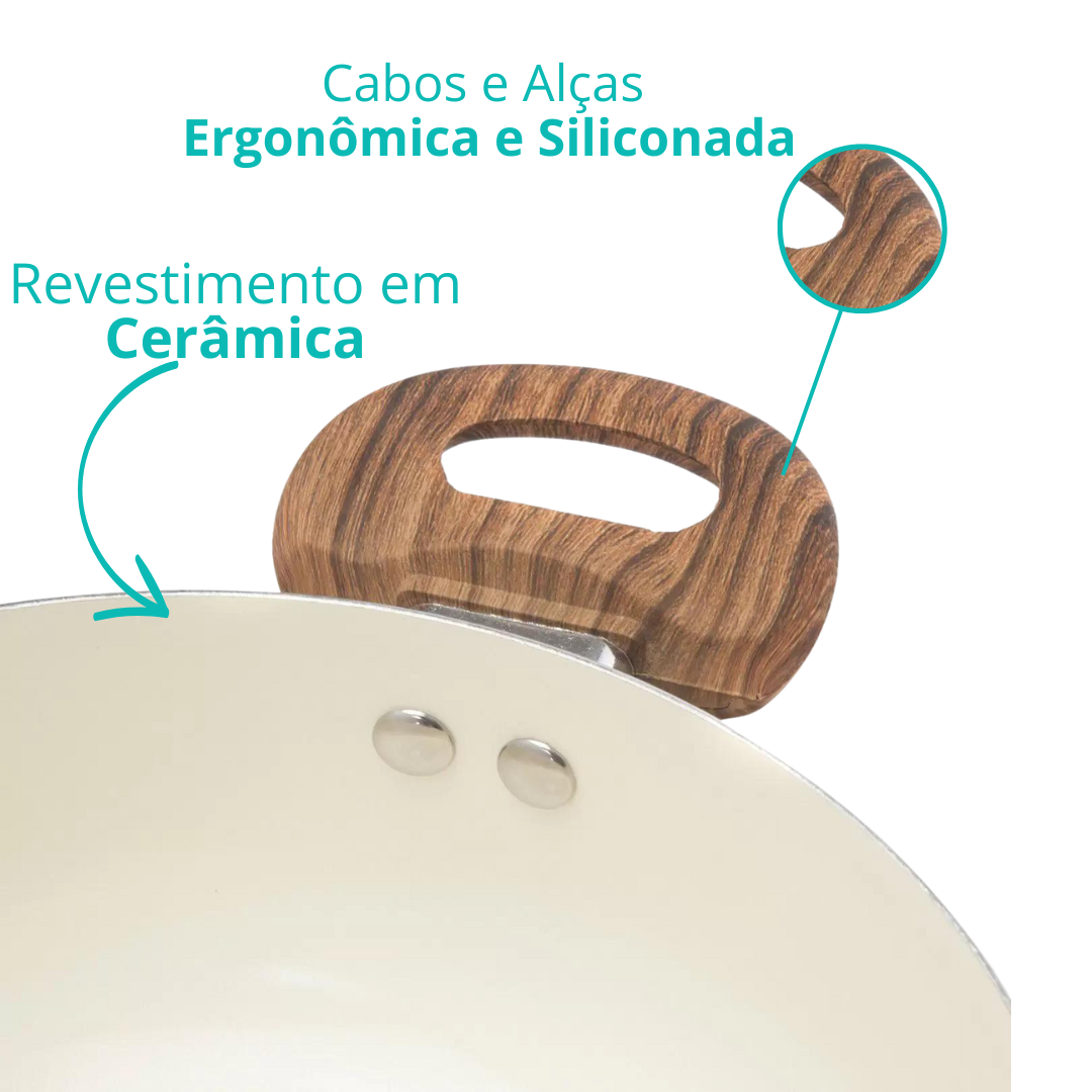 Panela Cerâmica Antiaderente Tampa Vidro Cabo Silicone 5 Pç