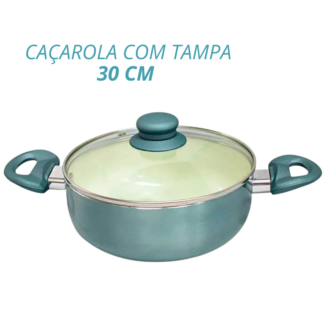 Panela Caçarola Revestimento Cerâmica 30 Cm Tampa De Vidro