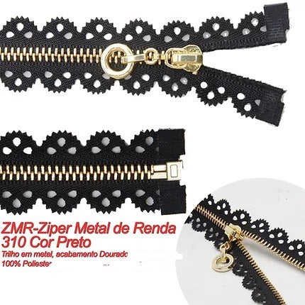 1 Unidade Ziper Metal Rendado - Tam: 60 - Branco/Preto - NYBC
