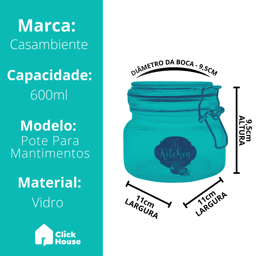Pote Vidro Porta Mantimento Tampa Hermética Kitchen 600ml