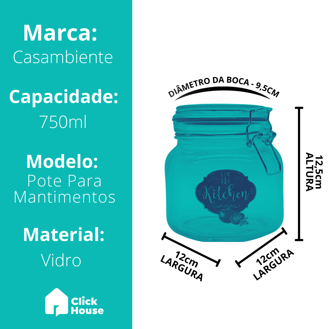 Pote Vidro Porta Mantimento Tampa Hermética Kitchen 750ml
