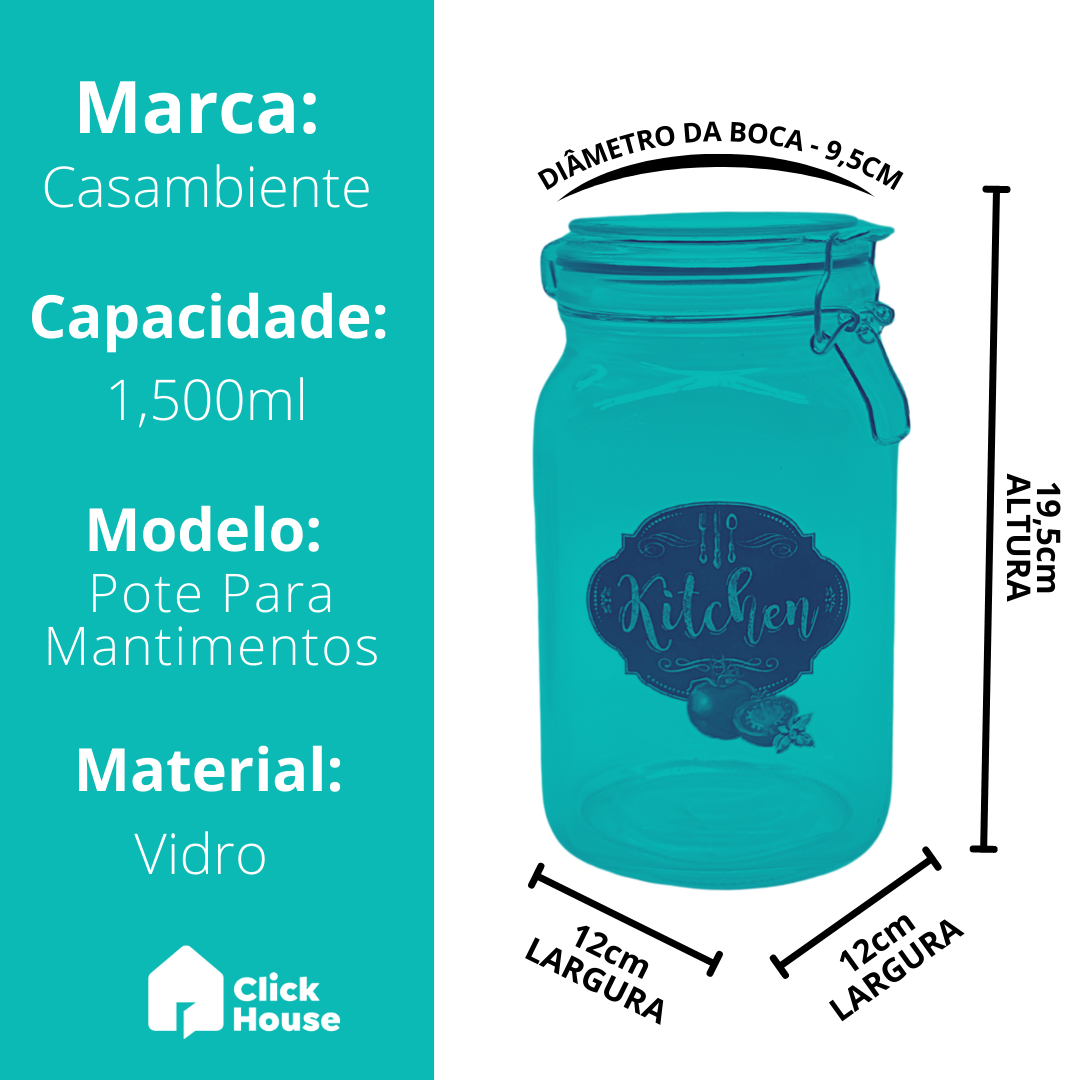 Pote Vidro Porta Mantimento Tampa Hermética Kitchen 1,5 L