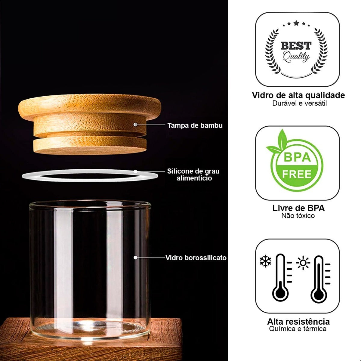 Pote Vidro Hermético Tampa Bambu Tempero Mantimento 300ml