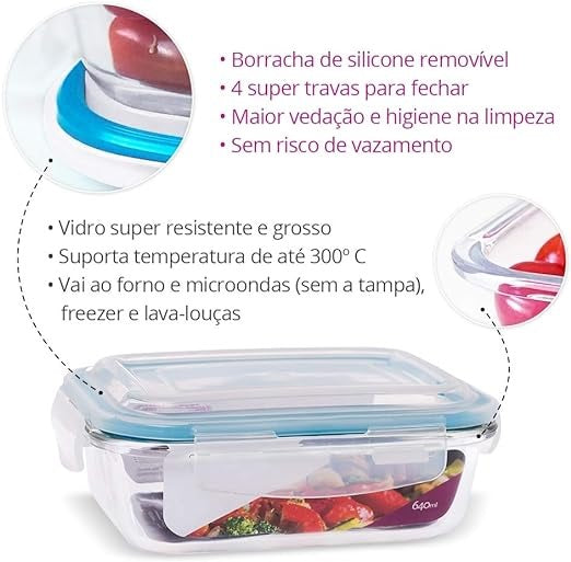 Pote Vidro Hermético Marmita Tampa Retangular Fit Com Trava