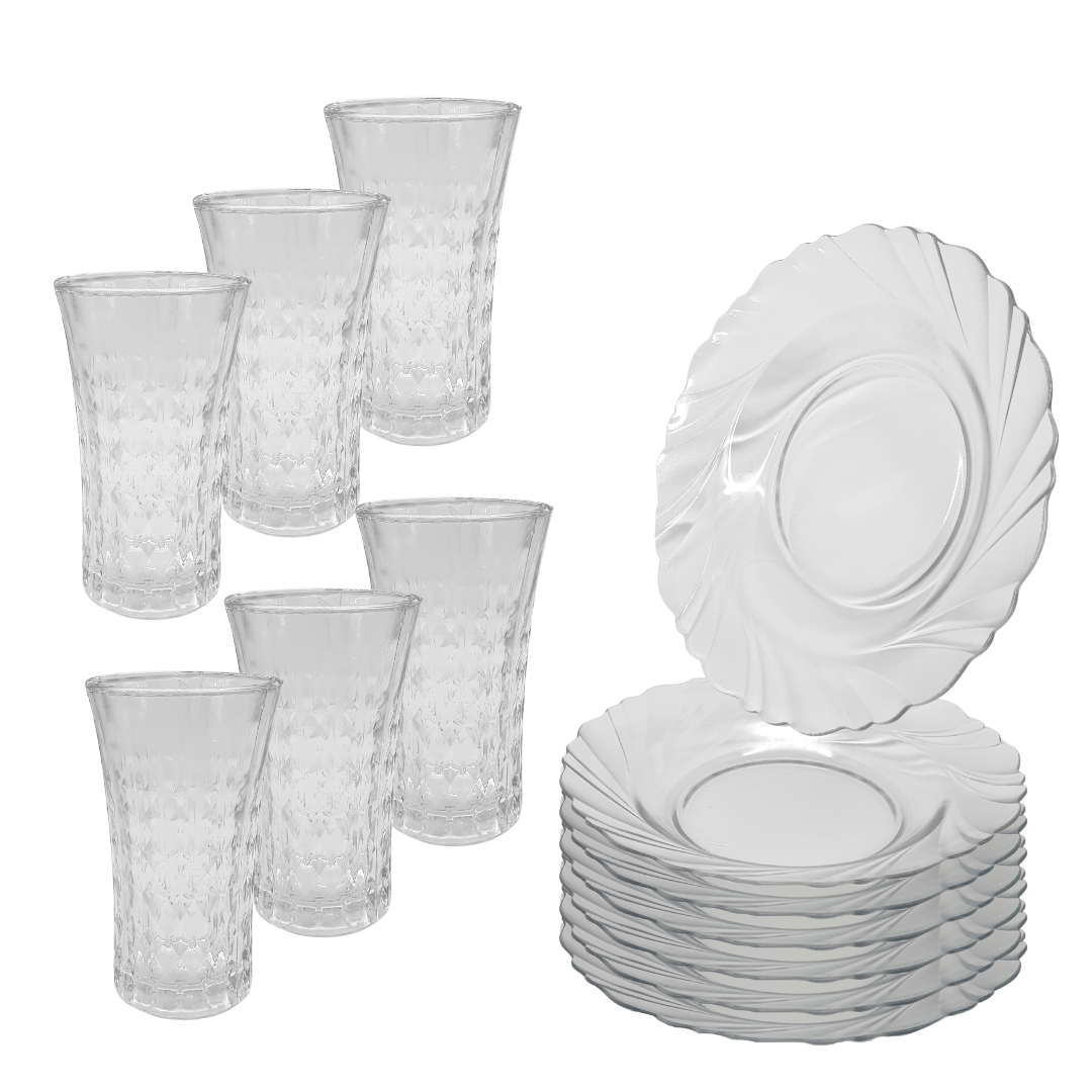 Aparelho De Jantar 12 Peças 6 Pratos Vidro 6 Copos Diamond