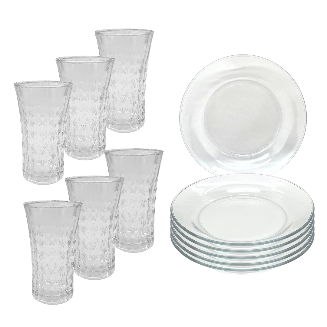 Aparelho De Jantar 12 Peças 6 Pratos Vidro 6 Copos Diamond