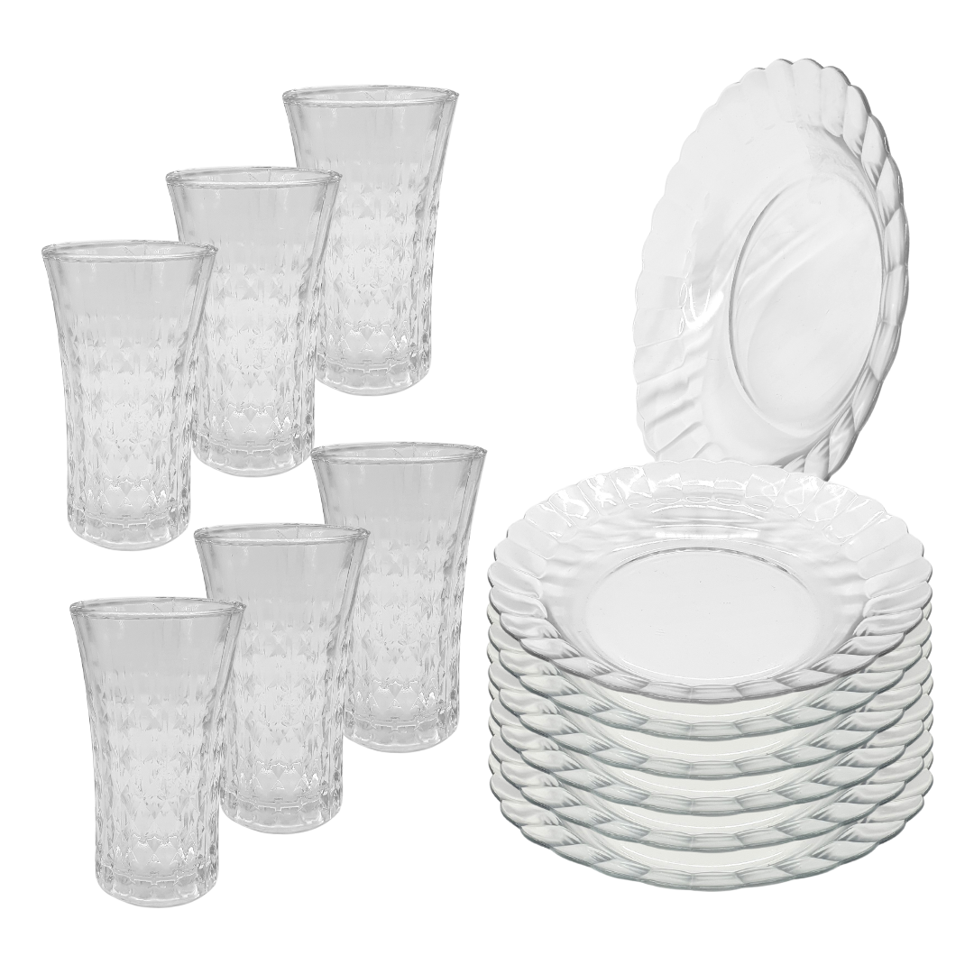 Aparelho De Jantar 12 Peças 6 Pratos Vidro 6 Copos Diamond