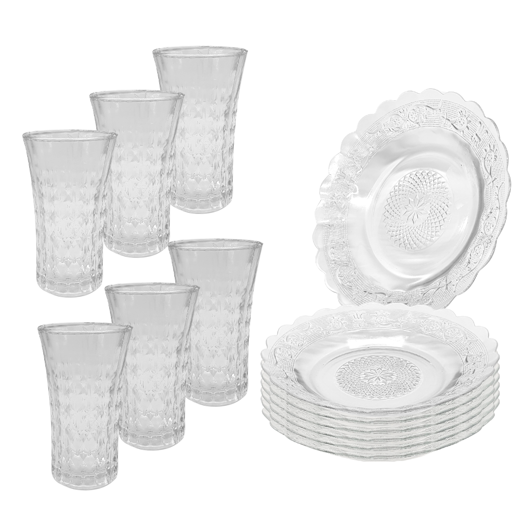 Aparelho De Jantar 12 Peças 6 Pratos Vidro 6 Copos Diamond