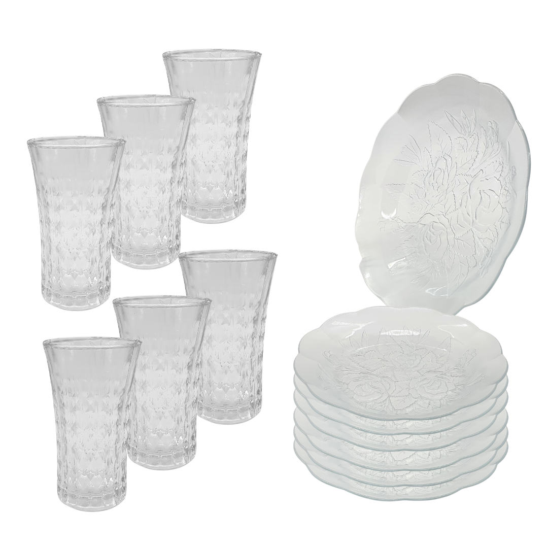 Aparelho De Jantar 12 Peças 6 Pratos Vidro 6 Copos Diamond