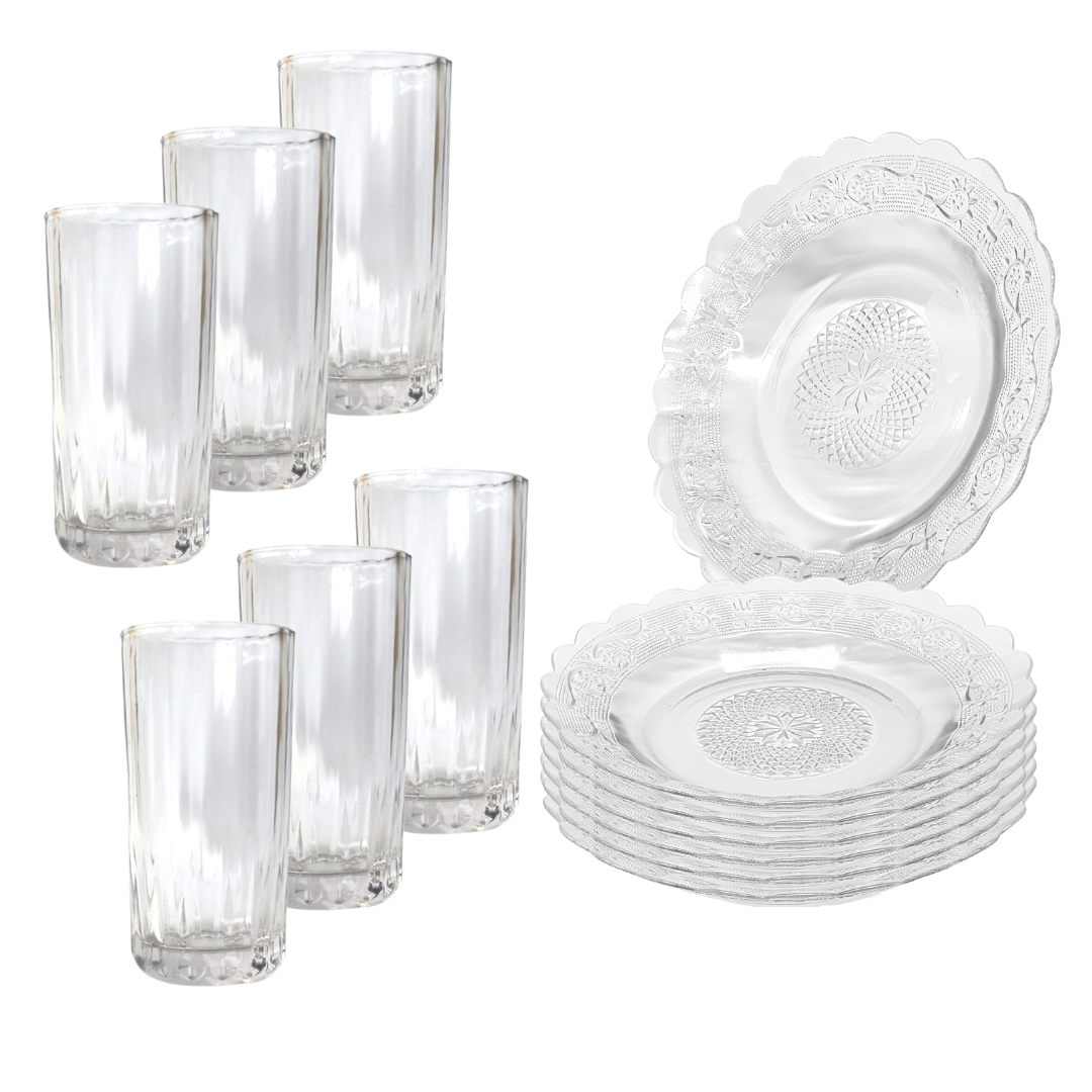 Aparelho De Jantar 12 Peças 6 Pratos Vidro + 6 Copos Long