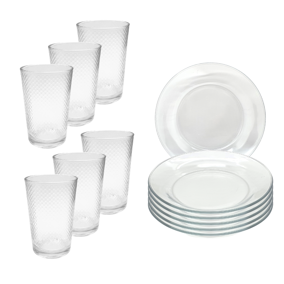 Aparelho De Jantar 12 Peças 6 Pratos Vidro + 6 Copos Latino