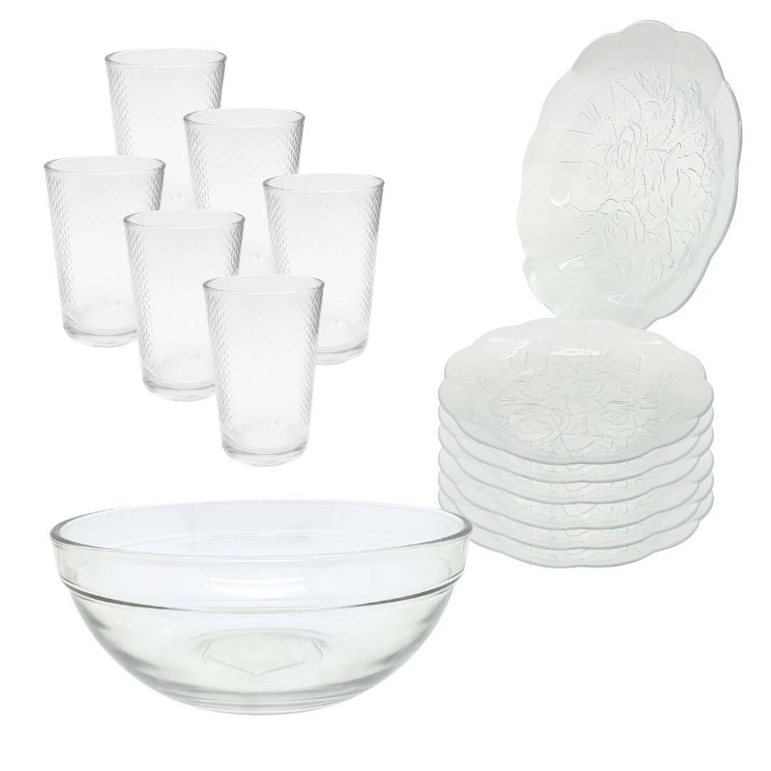Aparelho De Jantar Pratos Copo 13 Peças Bowl Vidro Liso 2,1l