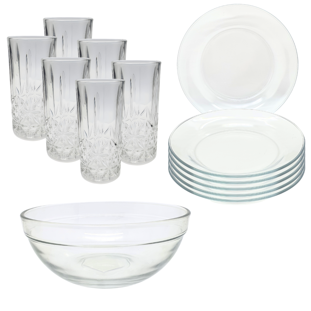 Aparelho De Jantar Copos Prato 13 Peças Bowl Vidro Liso 2,1l