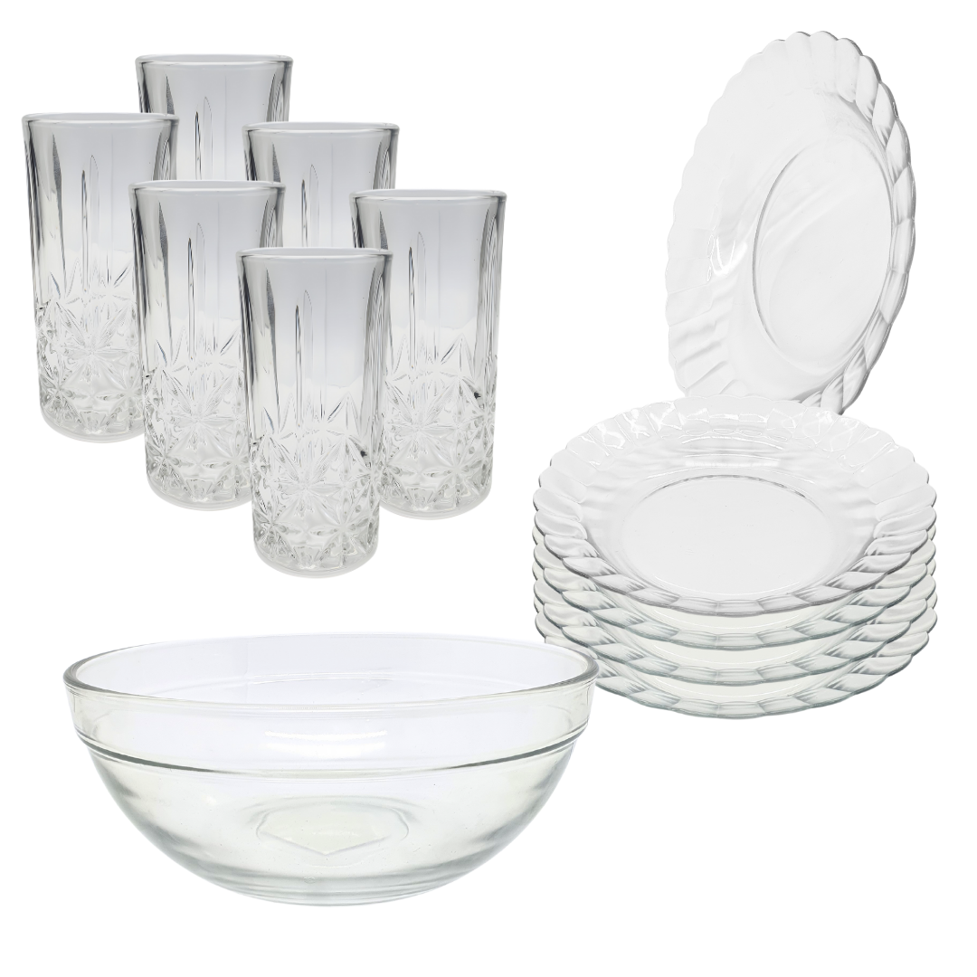 Aparelho De Jantar Copos Prato 13 Peças Bowl Vidro Liso 2,1l