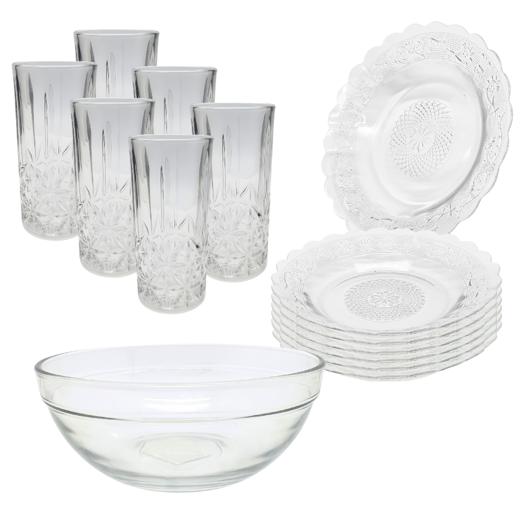 Aparelho De Jantar Copos Prato 13 Peças Bowl Vidro Liso 2,1l
