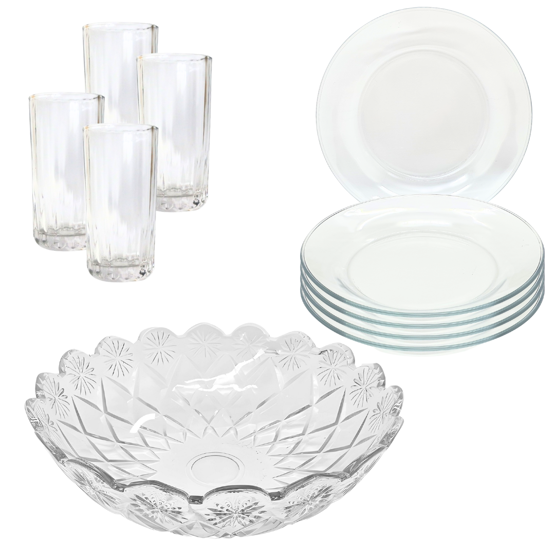 Aparelho De Jantar Copos Pratos 9 Peças Bowl Vidro 2,5l