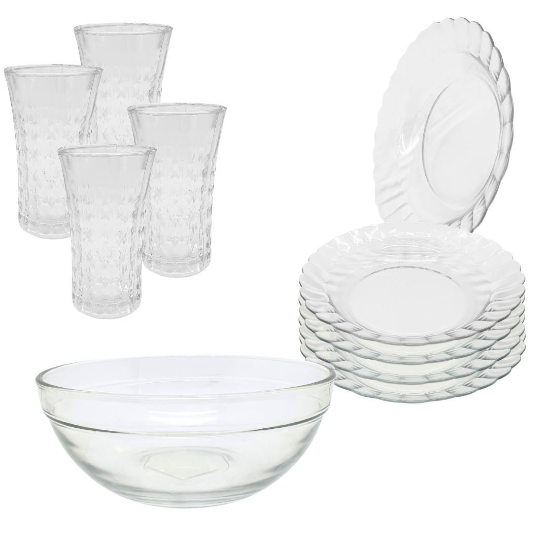 Aparelho De Jantar Copos Pratos Bowl Vidro 2,1l 9 Peças