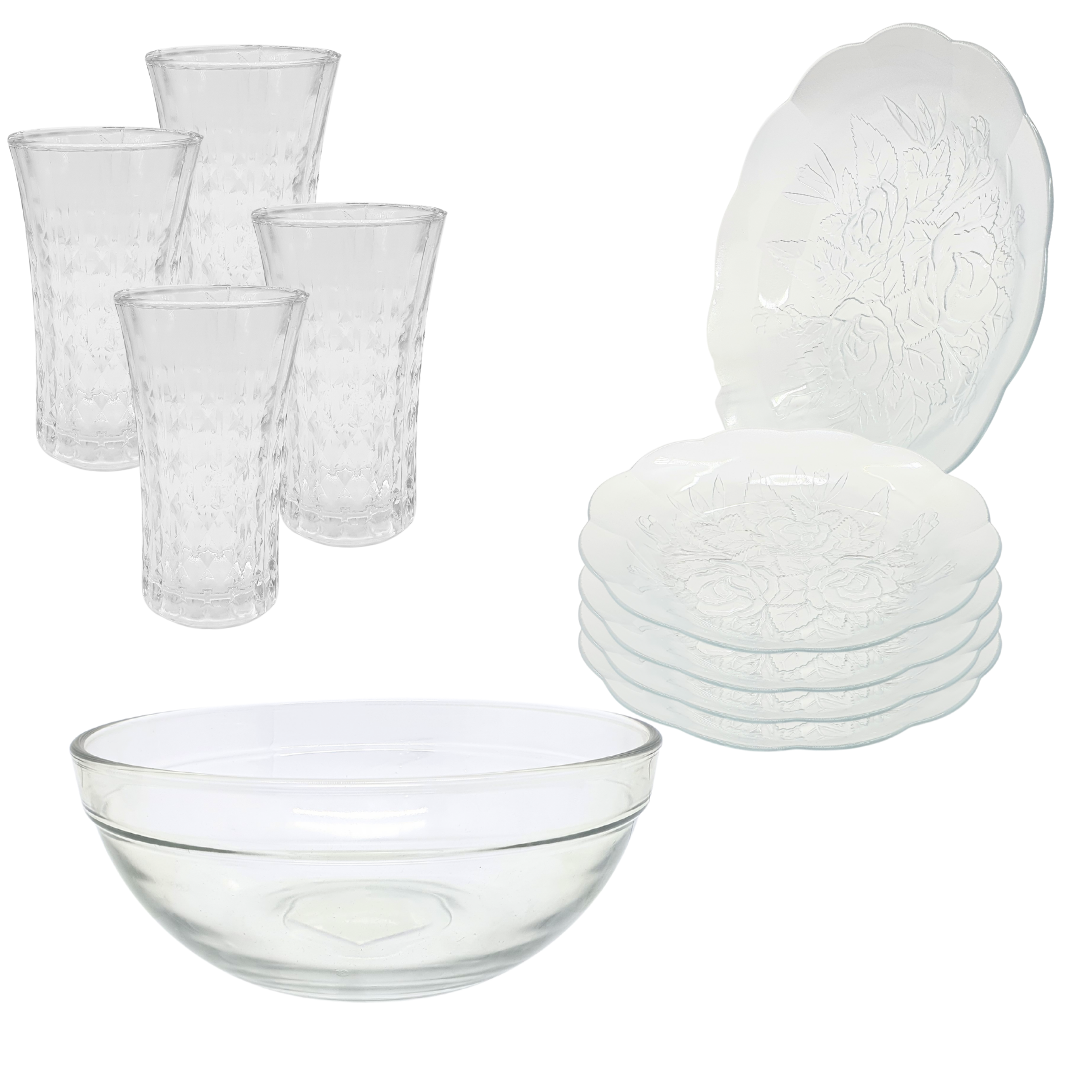 Aparelho De Jantar Copos Pratos Bowl Vidro 2,1l 9 Peças