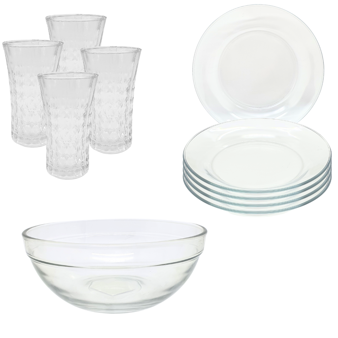 Aparelho De Jantar Copos Pratos Bowl Vidro 2,1l 9 Peças