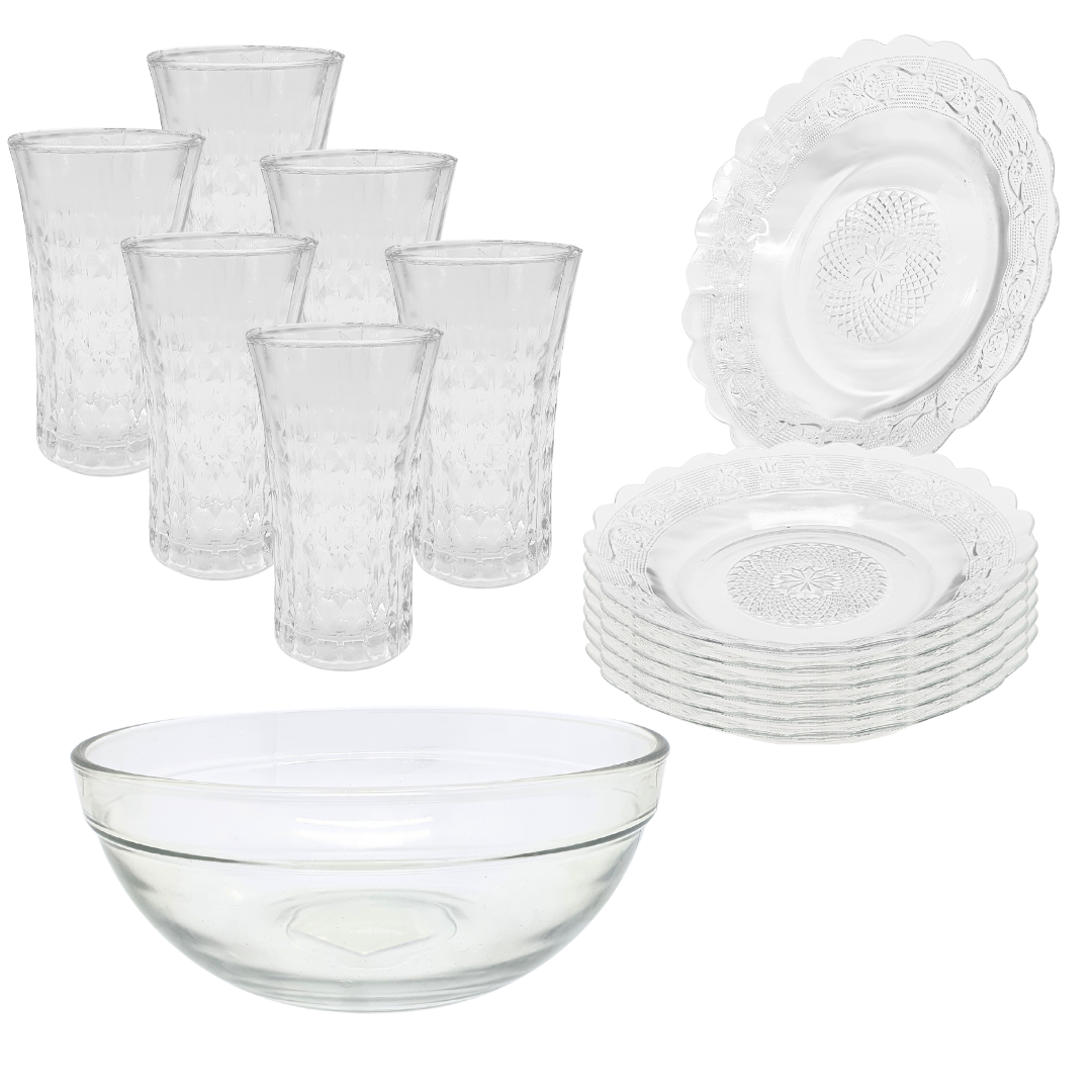 Aparelho De Jantar Copos Pratos Bowl Vidro 2,1l 13 Peças