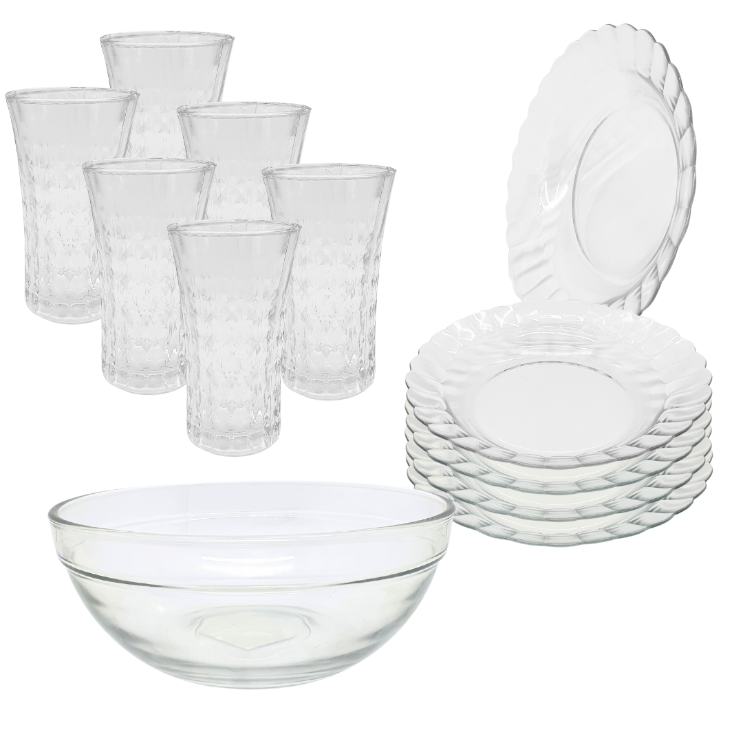 Aparelho De Jantar Copos Pratos Bowl Vidro 2,1l 13 Peças