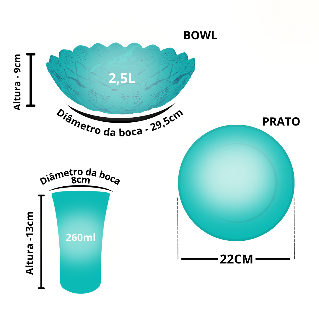 Aparelho De Jantar Copos Pratos Bowl Vidro 2,5l 13 Peças