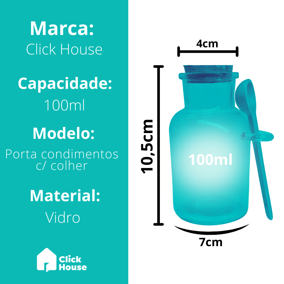 Pote Vidro Hérmetico Tampa Rolha Temperos Colher Bambu 100ml