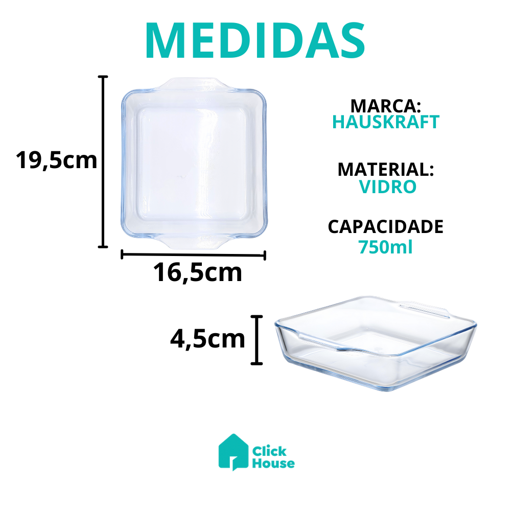 Assadeira Travessa Refratária Alças Quadrada 750ml De Vidro