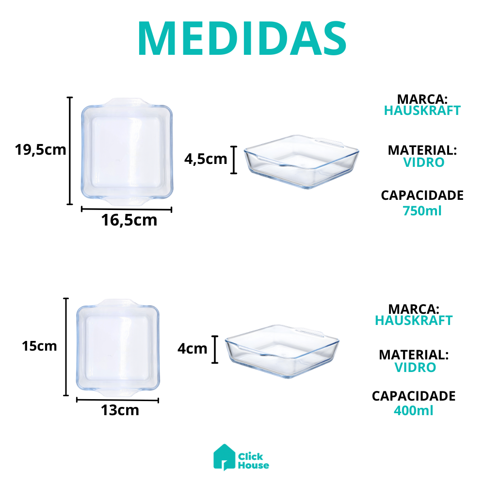 Assadeira Travessa Refratária Alças Quadrada 400ml De Vidro