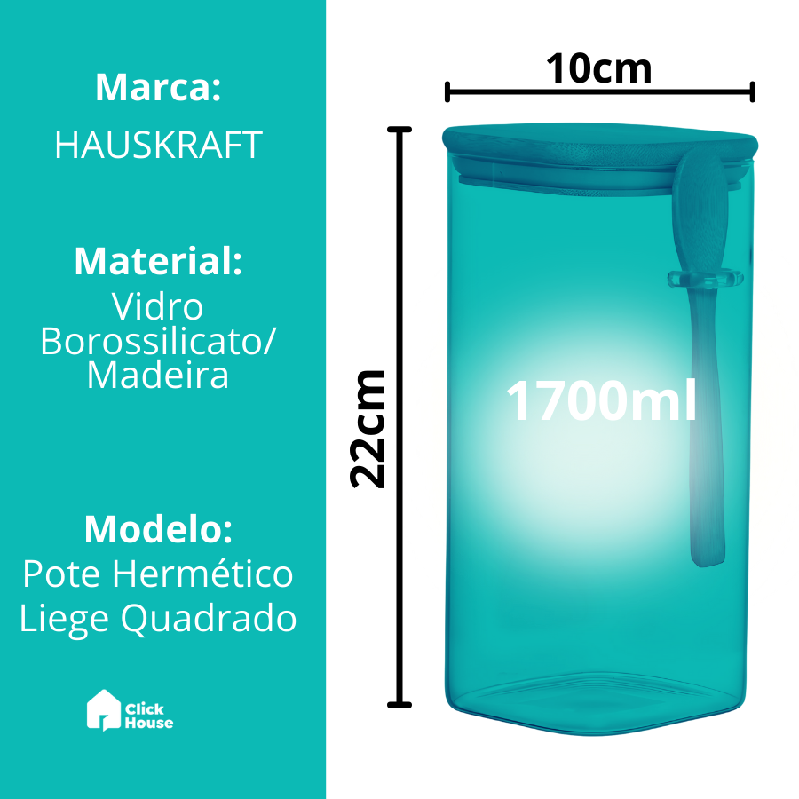 Pote Hermético Vidro Tampa Colher Bambu Tempero 1.7l