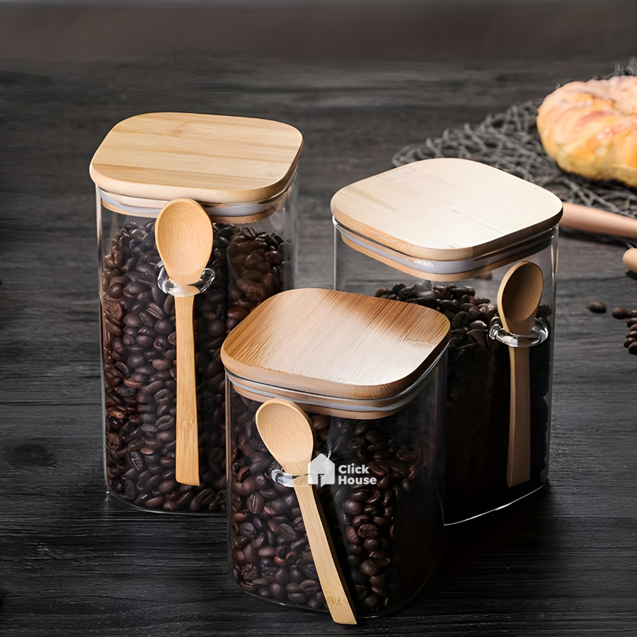 Pote Hermético Vidro Tampa Colher Bambu Tempero 1.7l
