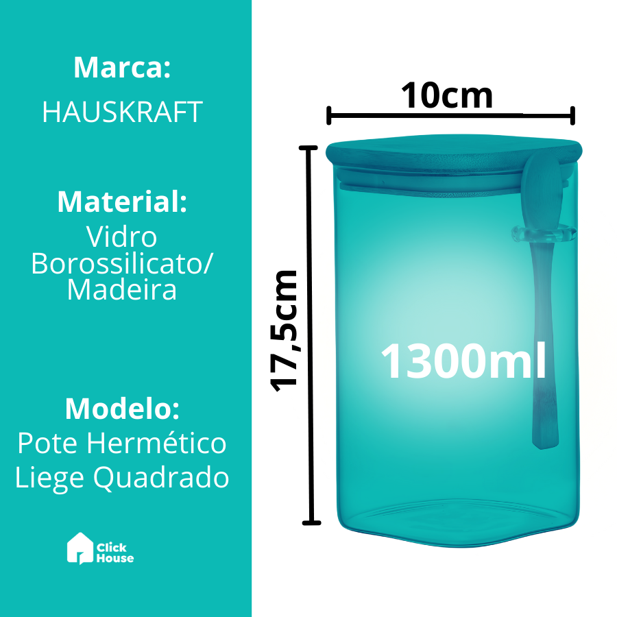 Pote Hermético Vidro Tampa Colher Tempero Bambu 1,3l