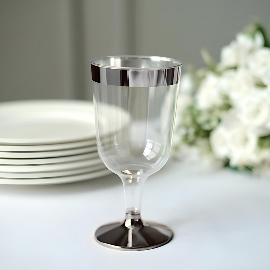 6 Taça Para Vinho Transparente Descatavel Borda Prata 210ml
