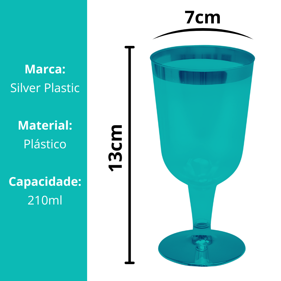 6 Taça Para Vinho Transparente Descatavel Borda Prata 210ml