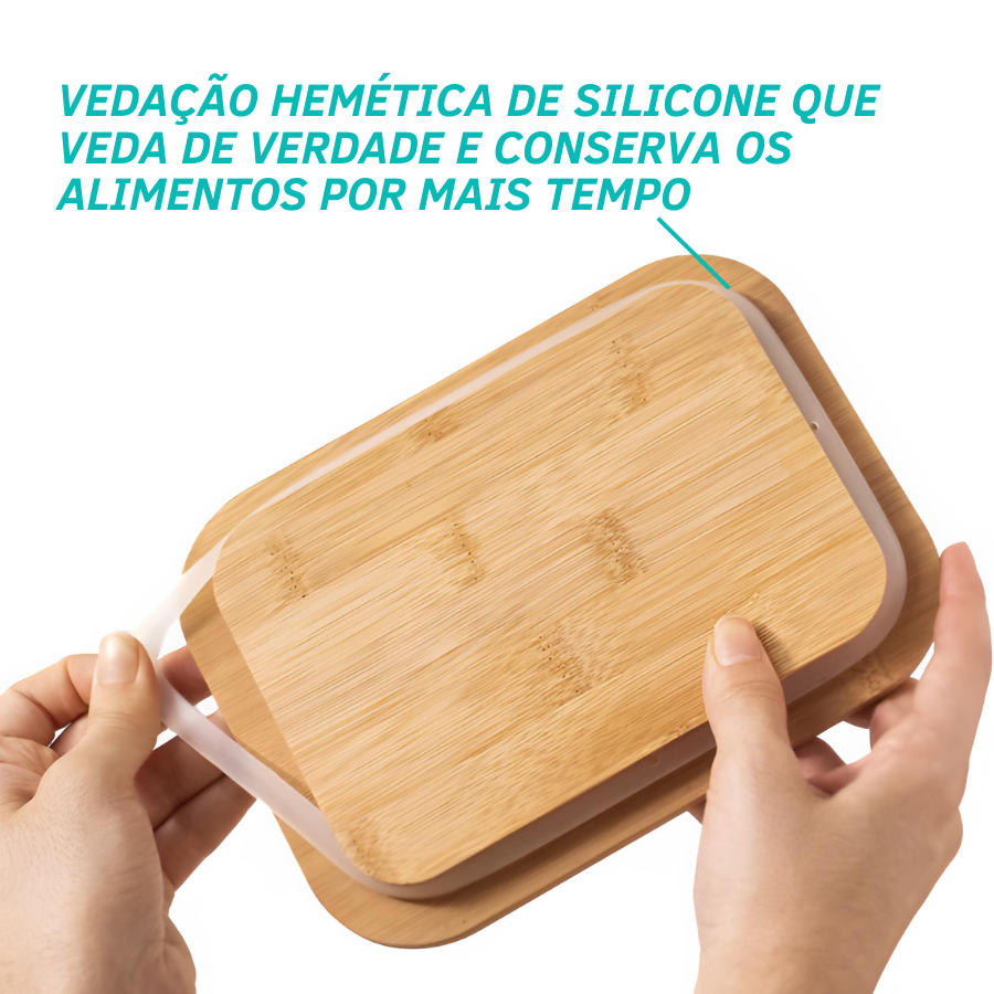 Pote Hermético Vidro Tampa Bambu Marmita Retangular 1040ml