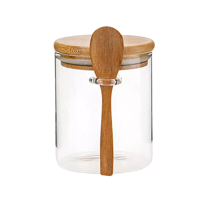 Pote De Vidro Redondo Tampa Bambu Hermético Com Colher 550ml