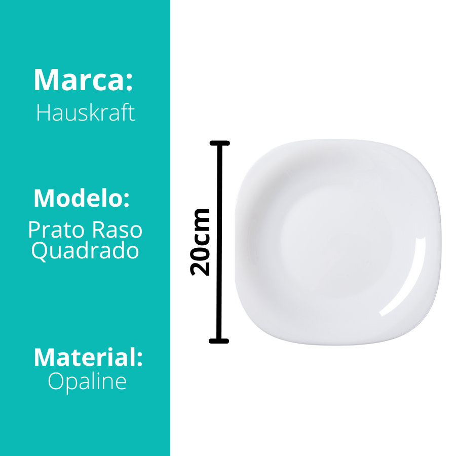 Prato Quadrado Raso Mesa Opaline Branco Restaurante 20cm