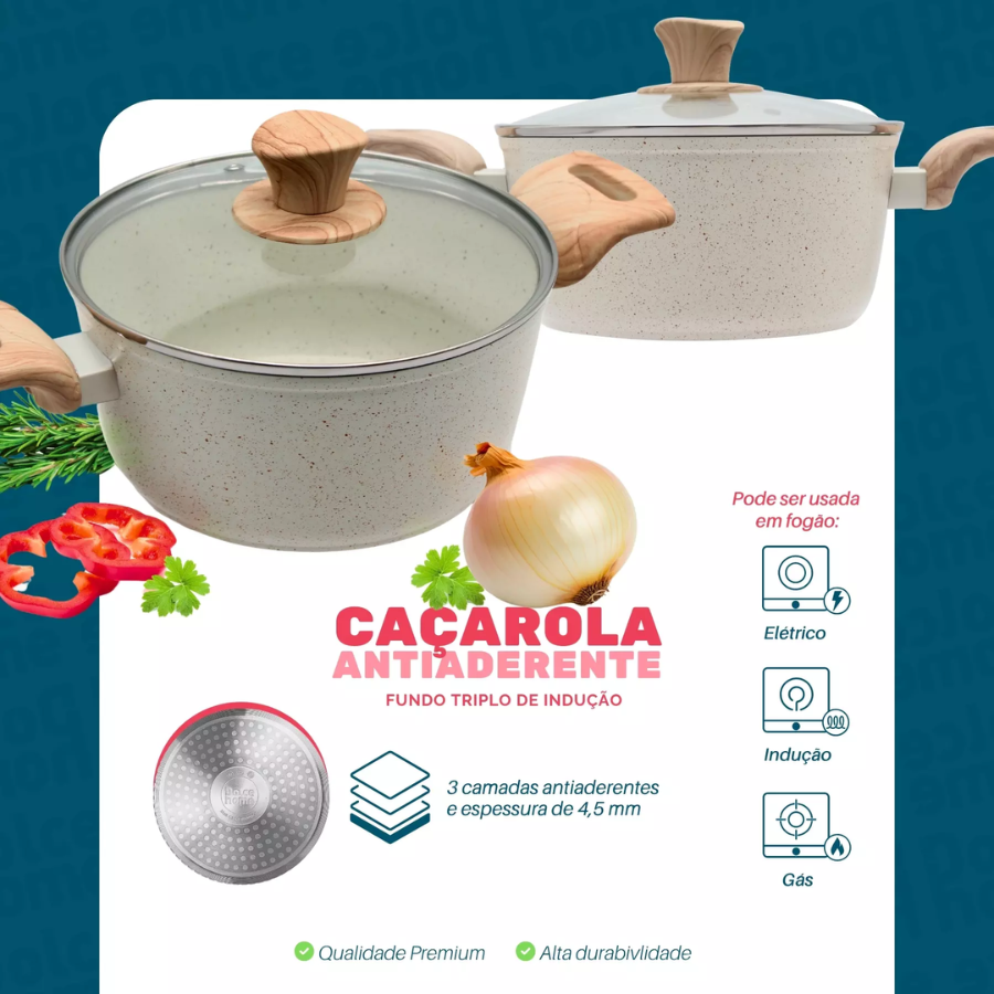 Panela Caçarola Creme Antiaderente Indução Com Tampa 20cm