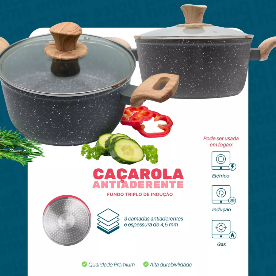 Panela Caçarola Creme Antiaderente Indução Com Tampa 24cm