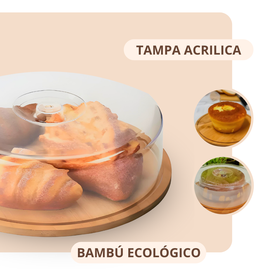 Porta Bolo Boleira Bambu com Tampa Transparente Acrílica 28cm