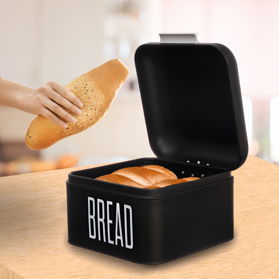 Porta Pão Bolo Em Lata Metal Com Tampa Preto Bread 20x20x13,5cm